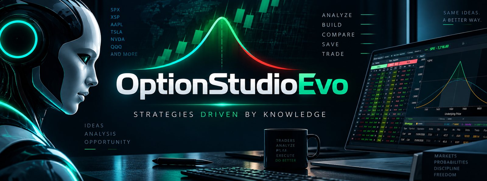 OptionStudioEvo banner: the program open on a laptop, with the name and the line Strategies driven by knowledge.